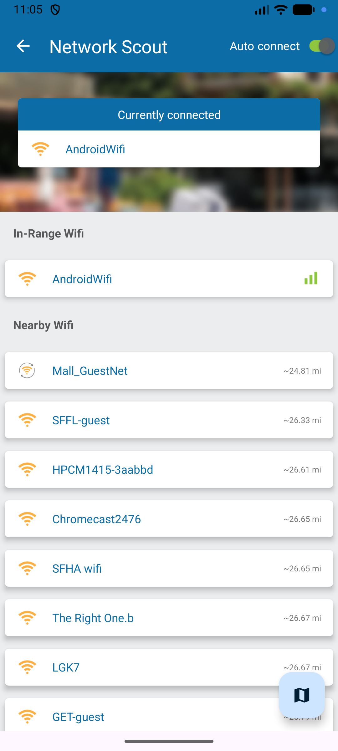 In-range and nearby WiFi networks list